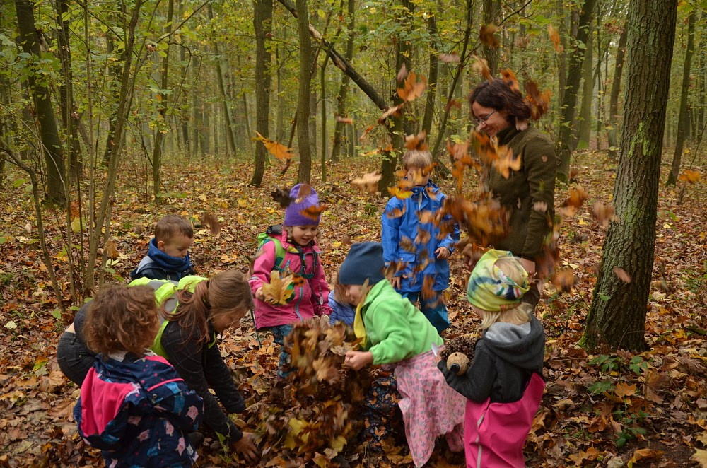 Zdjęcie przedstawia zajęcia terenowe z przedszkolakami z Niepublicznego Punktu Przedszkolnego "Przedszkole leśne Leśne Gzubki" w dniu jeża. Fot. Archiwum Nadleśnictwa Łopuchówko