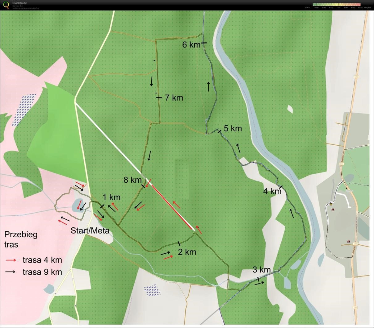 MAPA BIEGU - 1 PĘTLA 9 km, PĘTLA krótka 4 km. Źródło: Biegamy w lesie