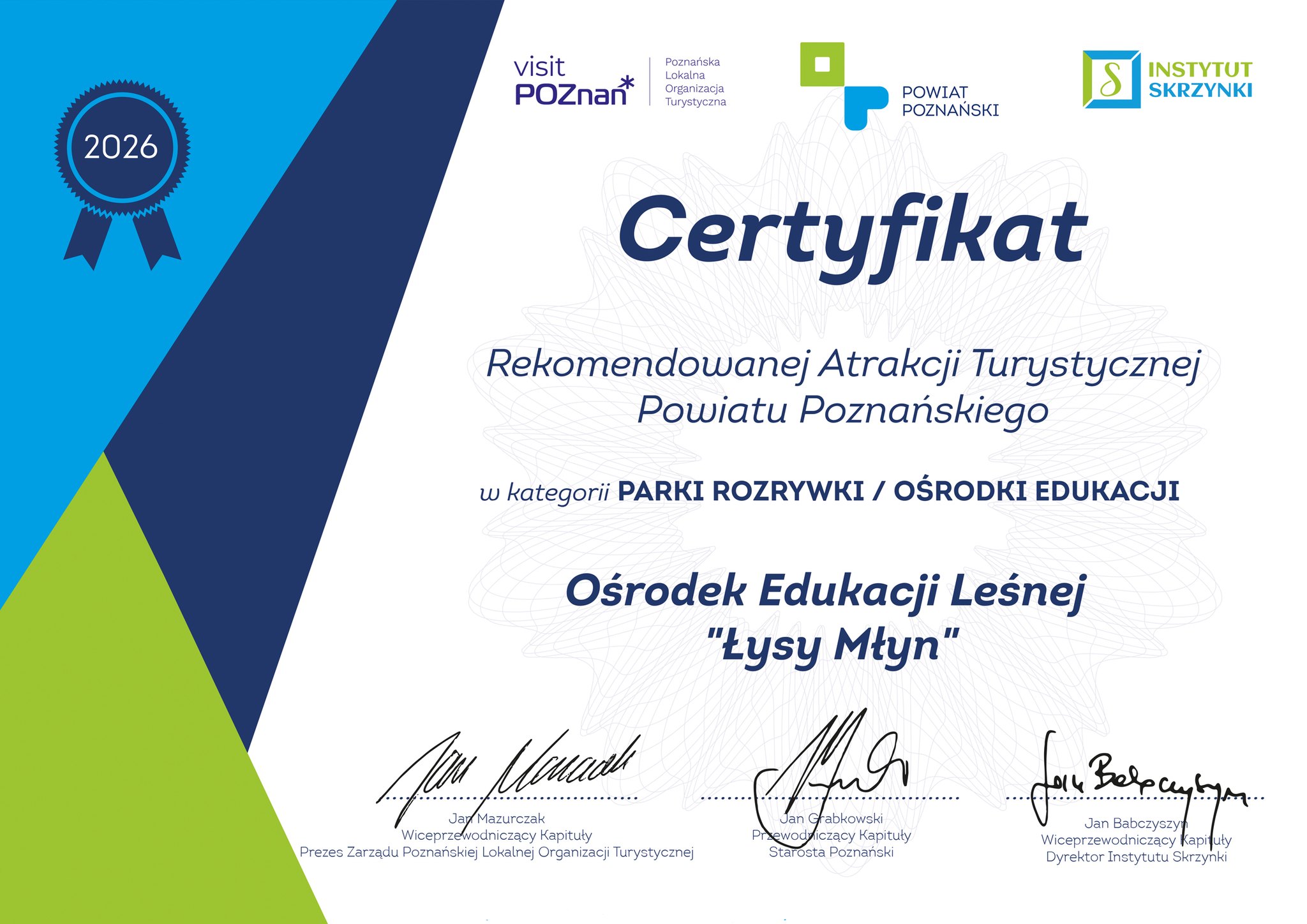 Grafika przedstawia certyfikat Rekomandowanej Atrakcji Turystycznej Poiatu Poznańskiego