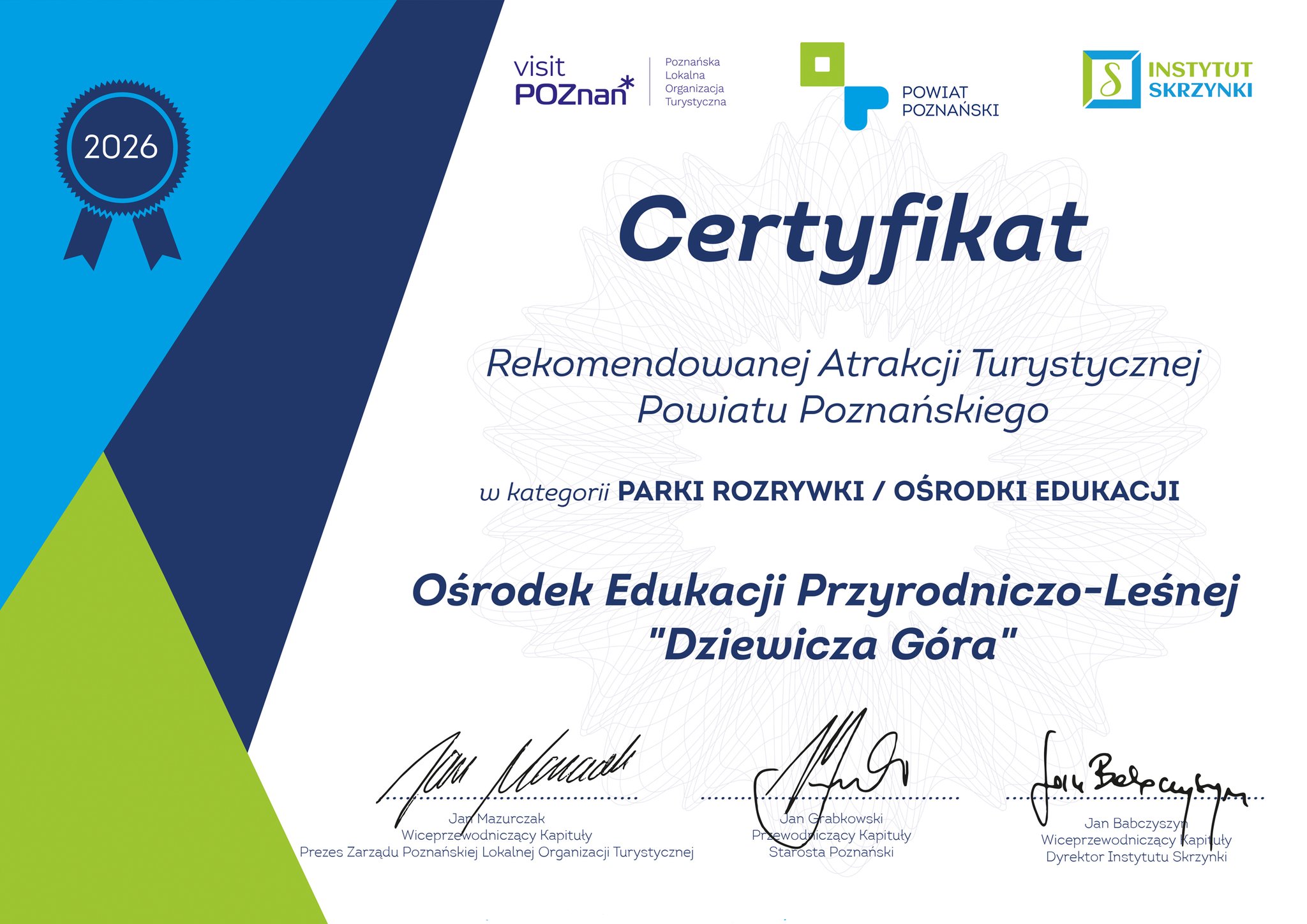 Grafika przedstawia certyfikat Rekomendowanej Atrakcji Turystycznej dla OEPL Dziewicza Góra. Fot. powiat.poznan.pl