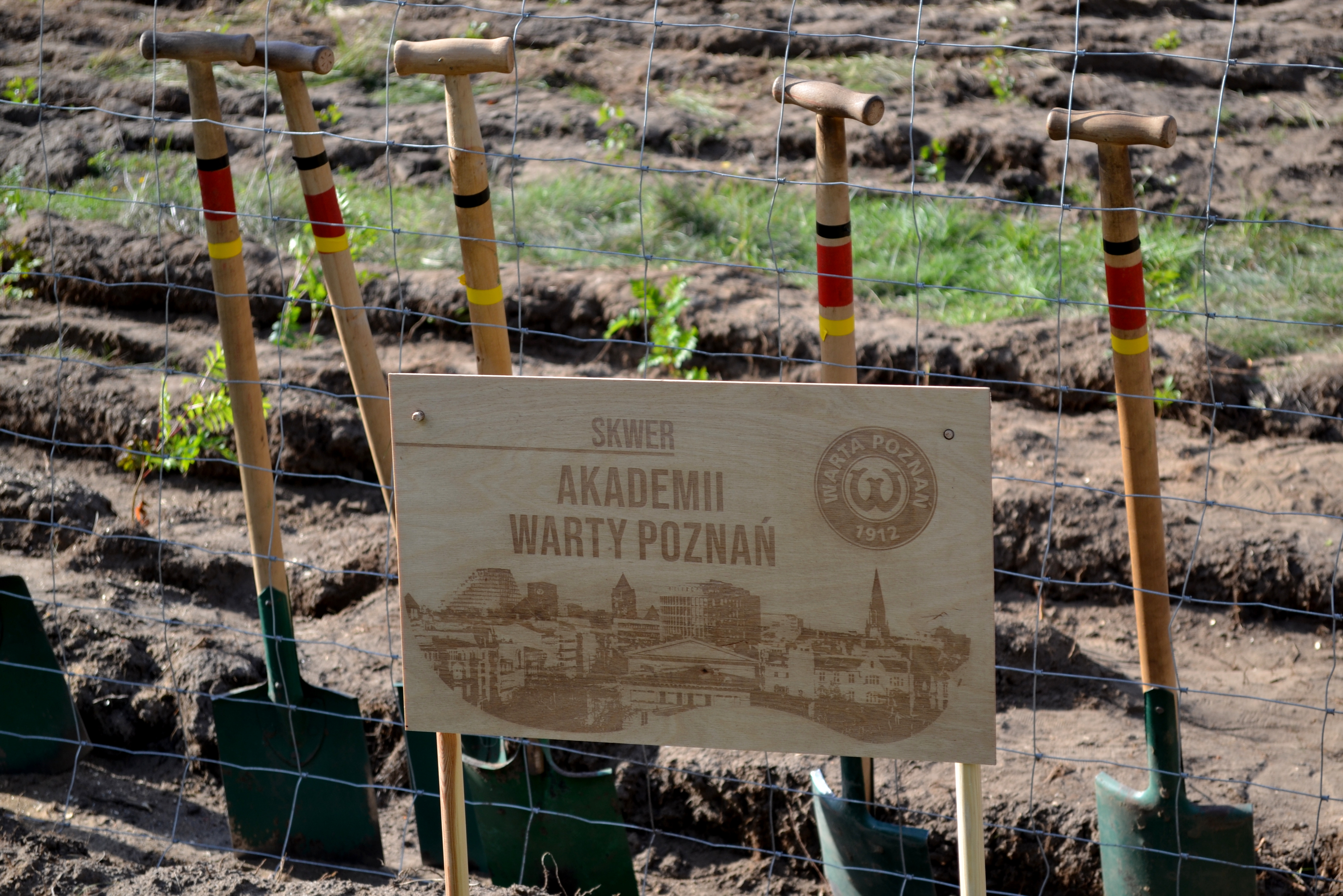Zdjęcie przedstawia pamiątkową tabliczkę postawioną w miejscu sadzenia ze szpadlami w tle. Fot. Paulina Kaźmierczak