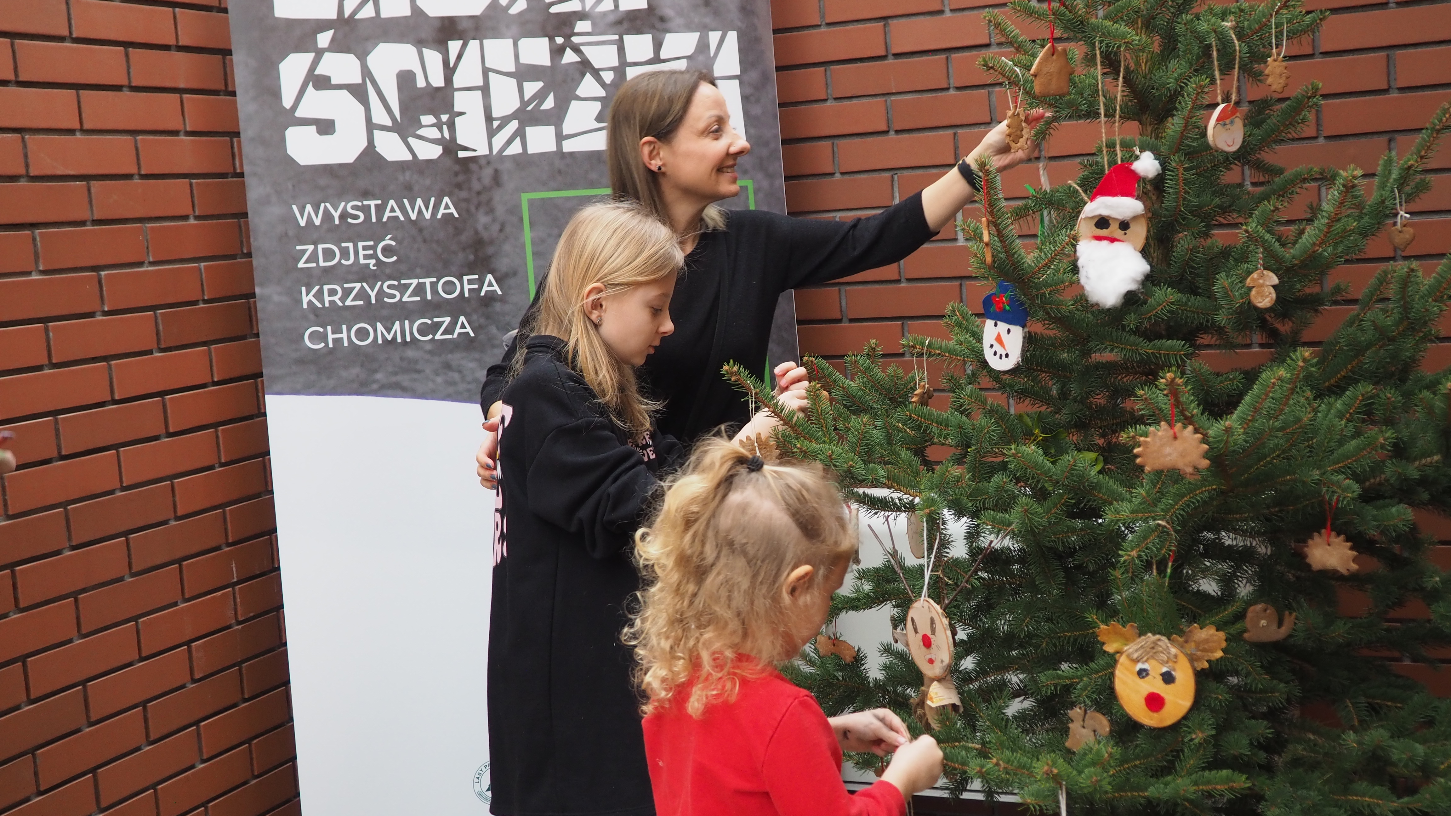 Zdjęcie przedstawia uczestników warsztatów "Leśne Anioły" podczas dekorowania choinki. Fot. R. Magda