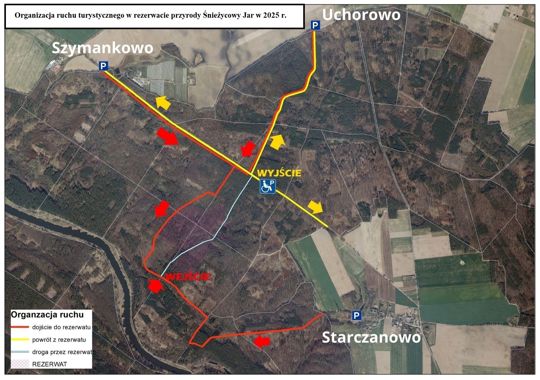 Zdjęcie przedstawia schemat organizacji ruchu turystycznego w rezerwacie przyrody Śnieżycowy Jar w 2025 r.