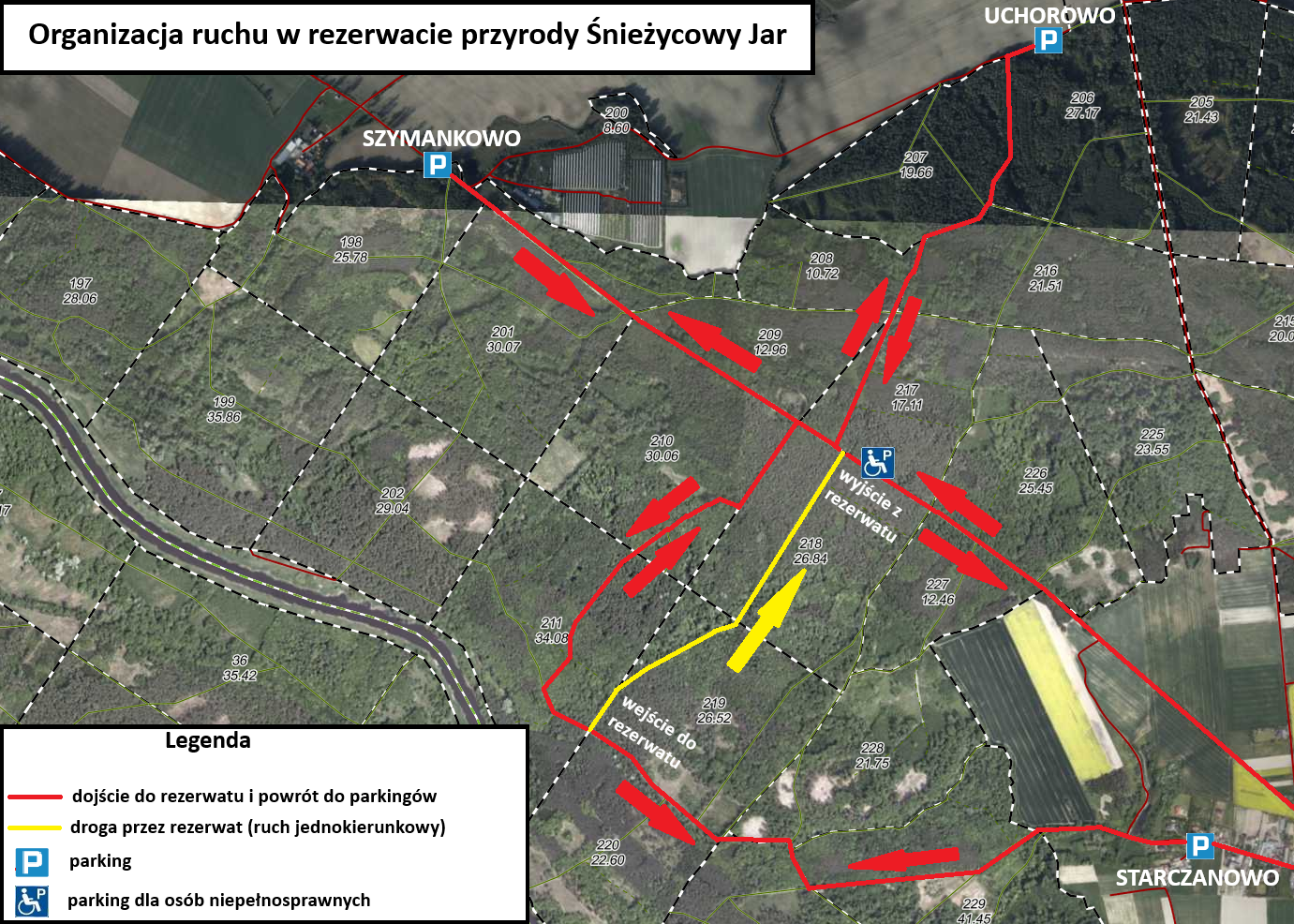 Zdjęcie przedstawia schemat organizacji ruchu turystycznego w rezerwacie przyrody Śnieżycowy Jar w 2026 r.