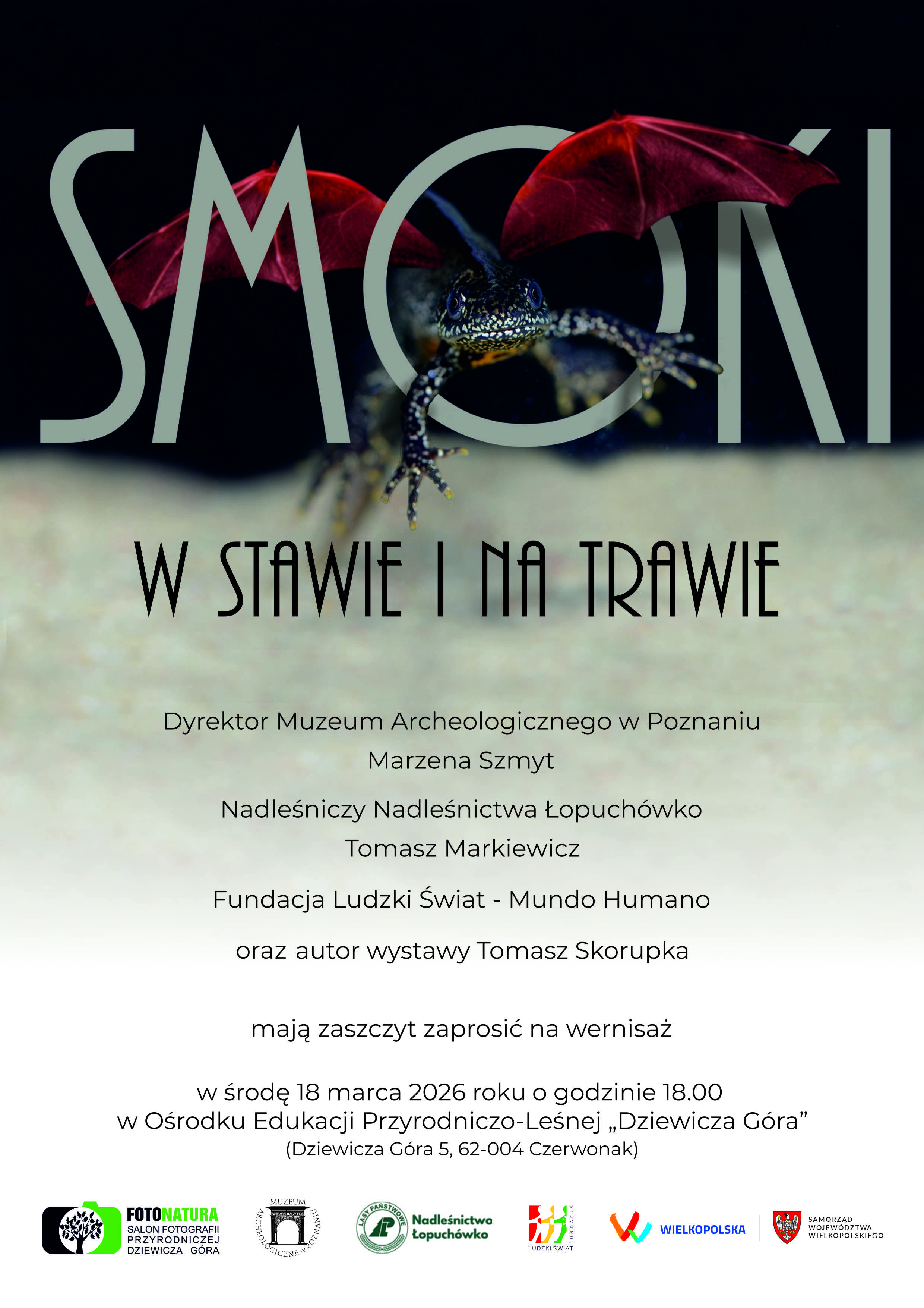 Grafika przedstawia zaproszenie na wernisaż wystawy "Smoki w stawie i na trawie".